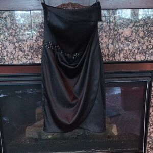 Strapless Black Satin Cocktail Dress with Embellished Waist